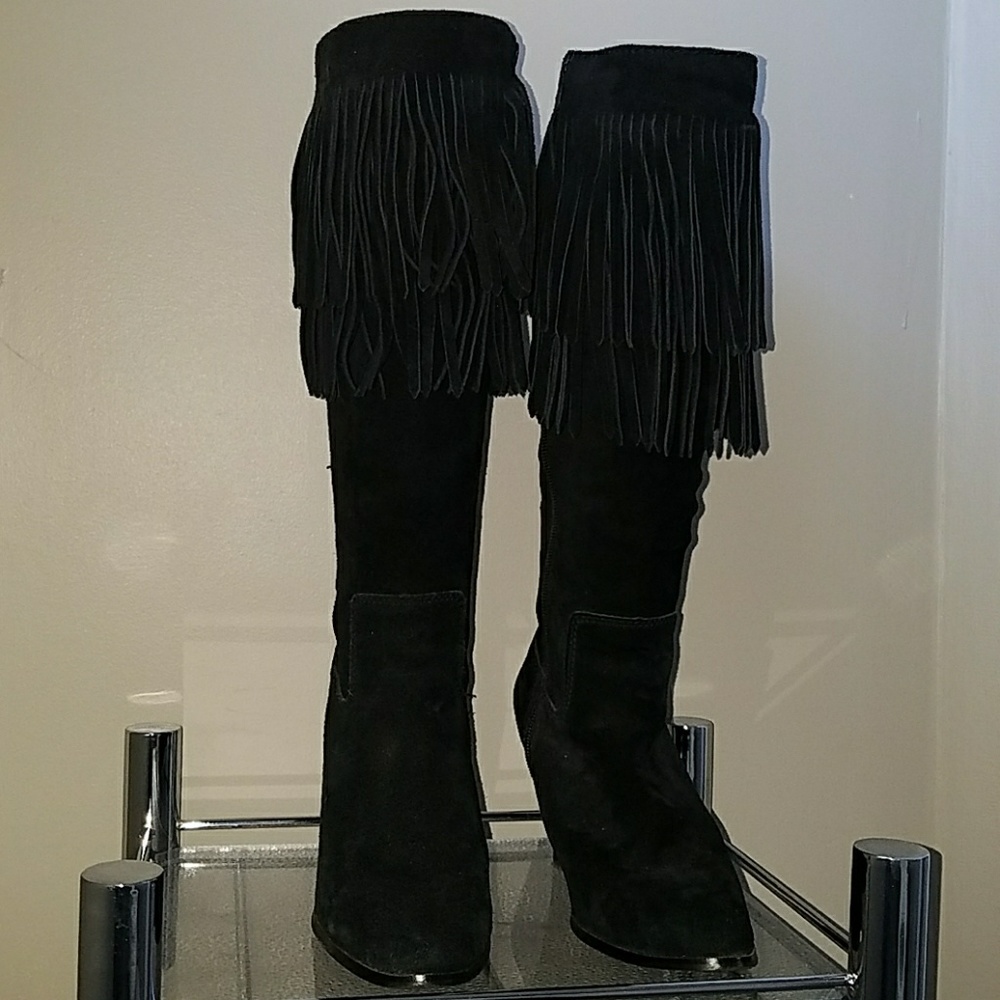 Black suede fringe knee high boots